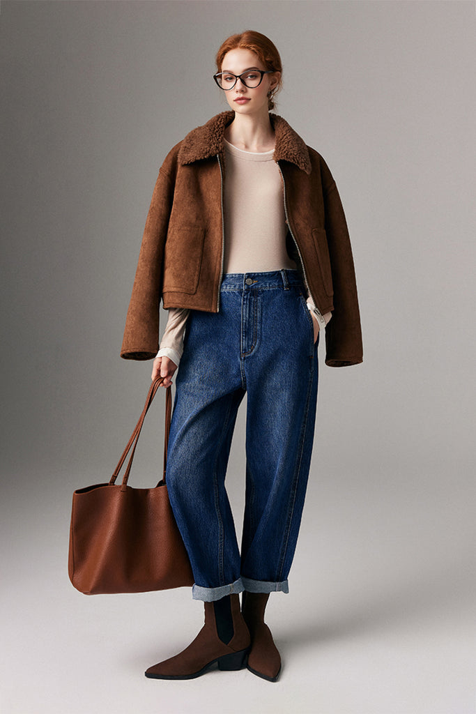 Faux Suede Shearling Crop Zip-Up Jacket  Fibflx