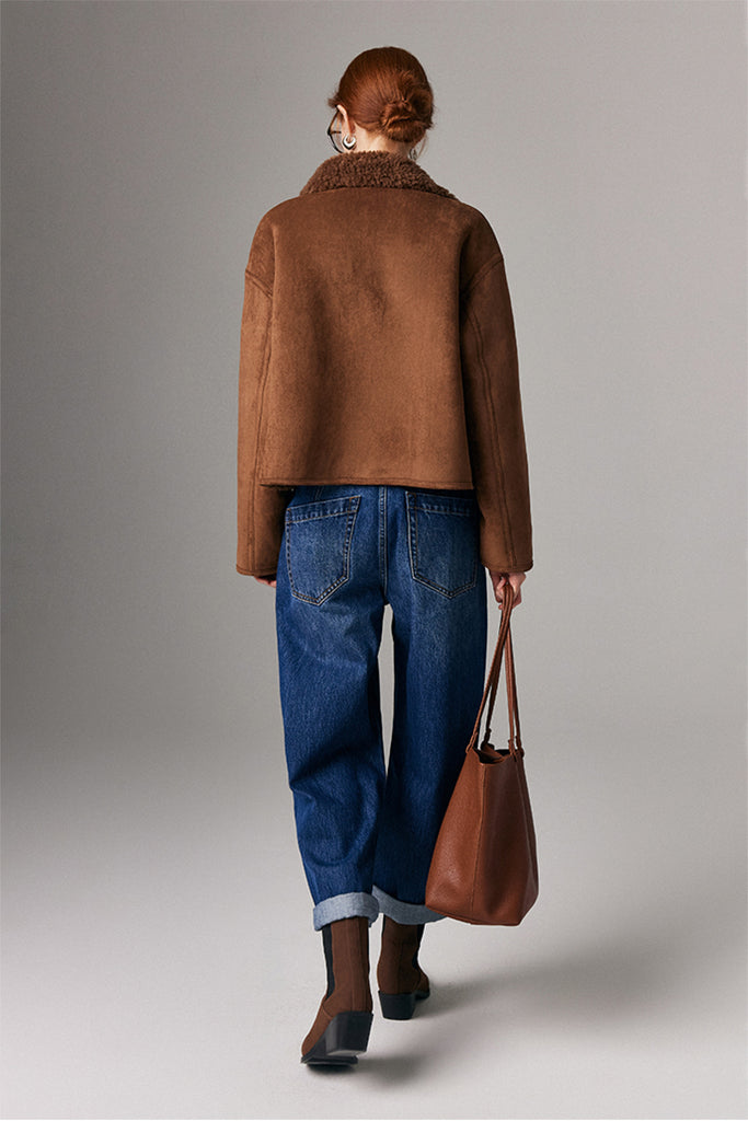 Faux Suede Shearling Crop Zip-Up Jacket  Fibflx