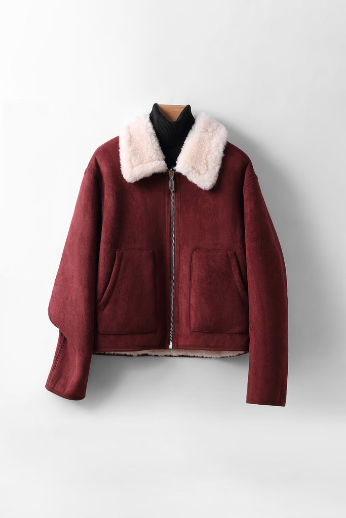 Faux Suede Shearling Crop Zip-Up Jacket Crimson Red / XL Fibflx