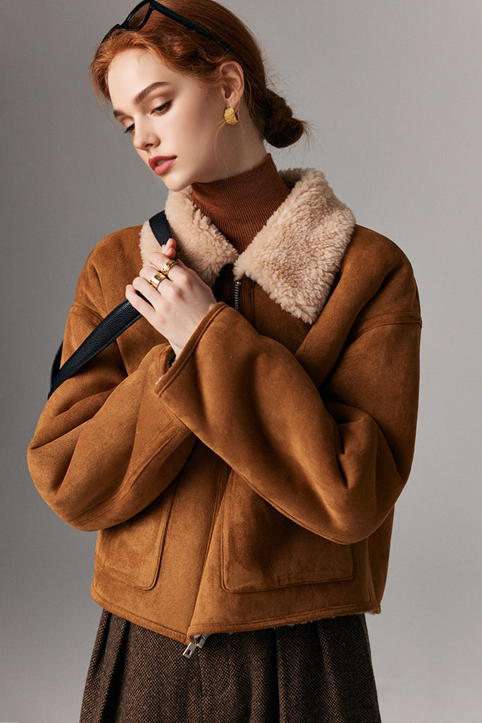 Faux Suede Shearling Crop Zip-Up Jacket  Fibflx