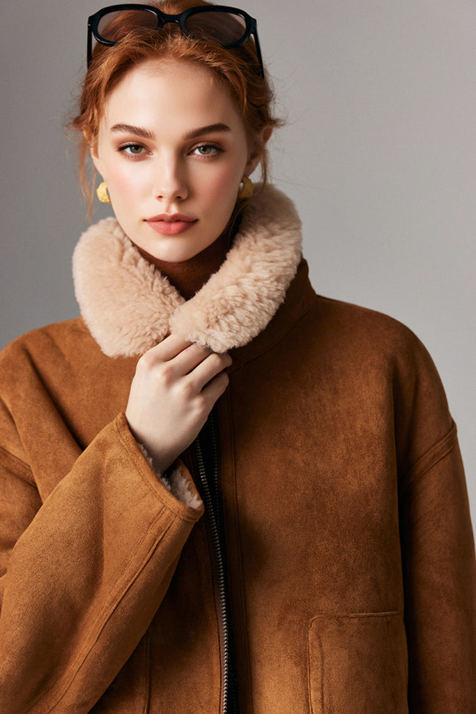 Faux Suede Shearling Crop Zip-Up Jacket  Fibflx