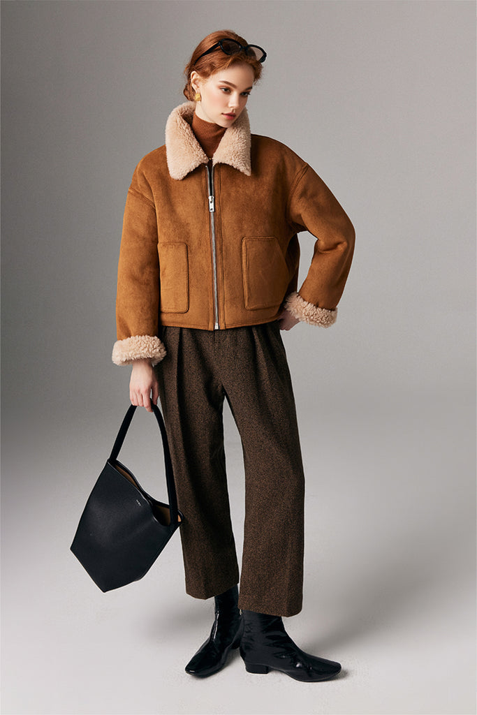 Faux Suede Shearling Crop Zip-Up Jacket  Fibflx