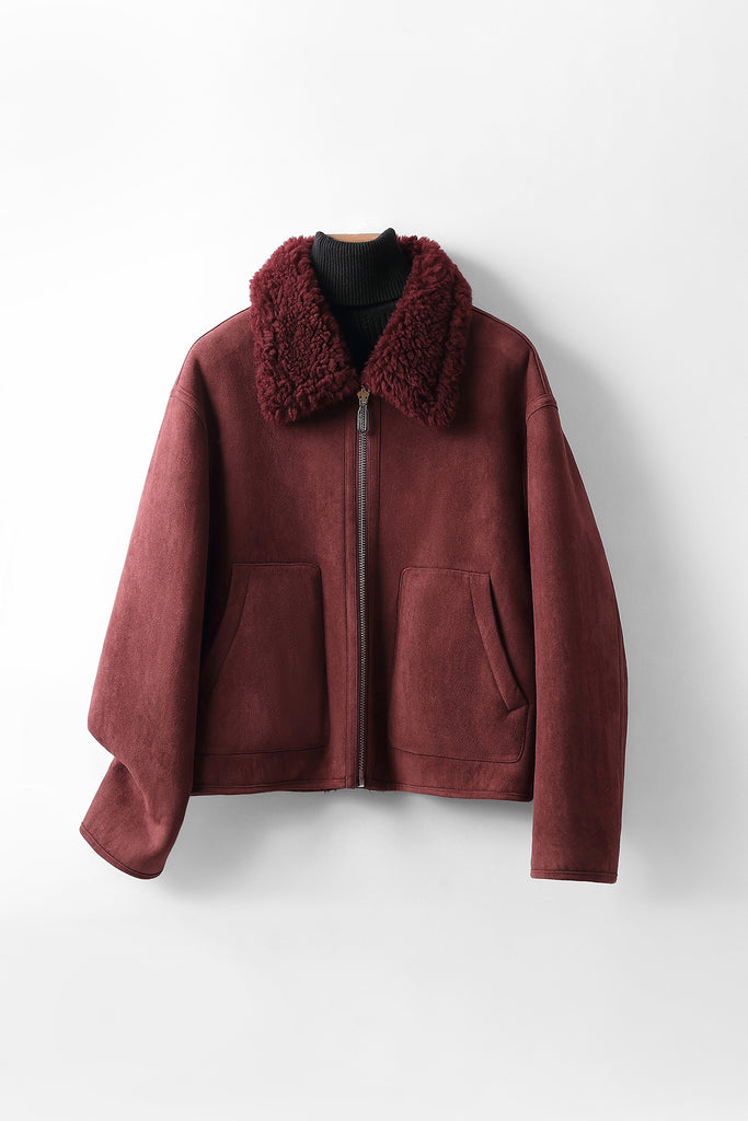 Faux Suede Shearling Crop Zip-Up Jacket Raspberry Fuschia / XL Fibflx