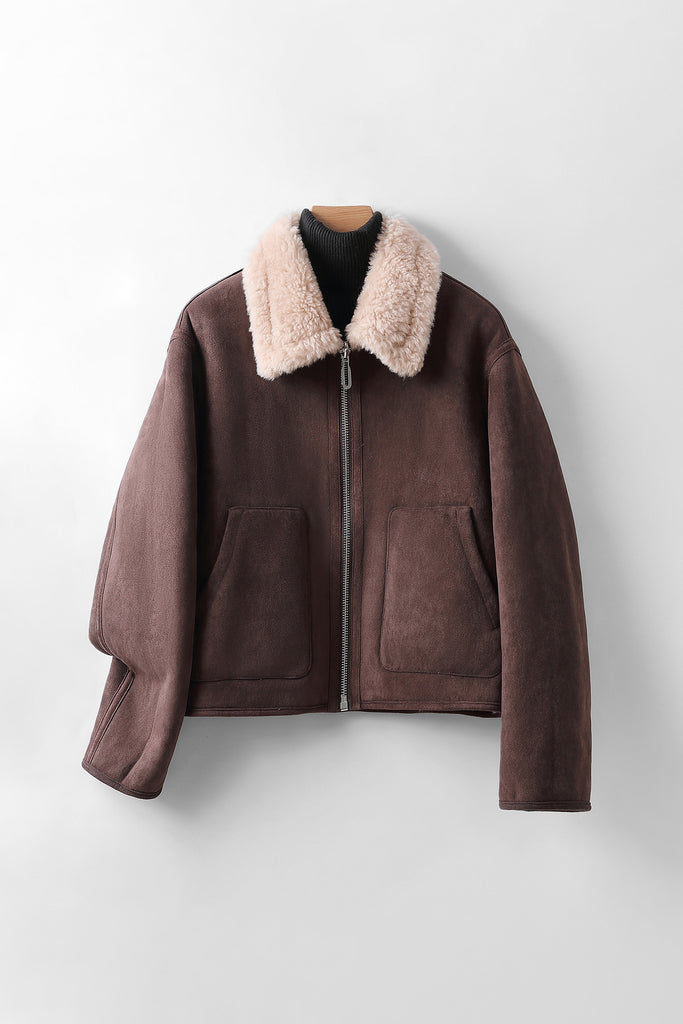 Faux Suede Shearling Crop Zip-Up Jacket Reddish Brown / XL Fibflx