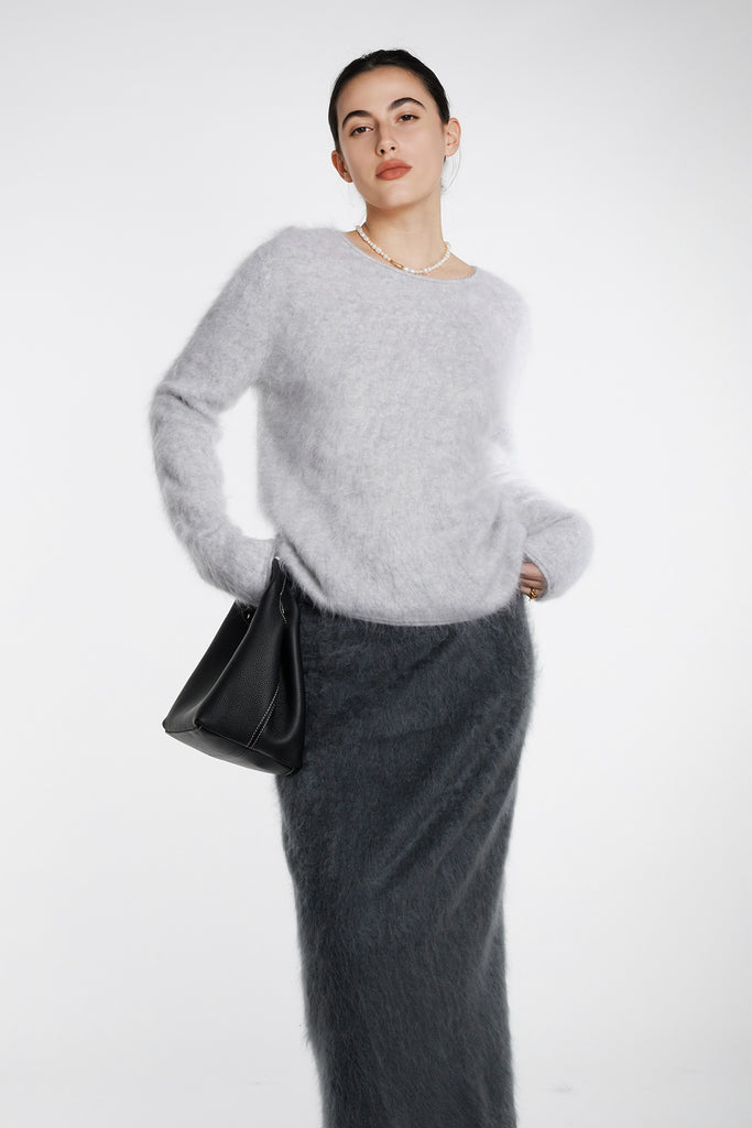 Featherlight Brushed Cashmere Crewneck Sweater Rhinestone Grey / M / 100% Cashmere (Weight: 248g  Fibflx
