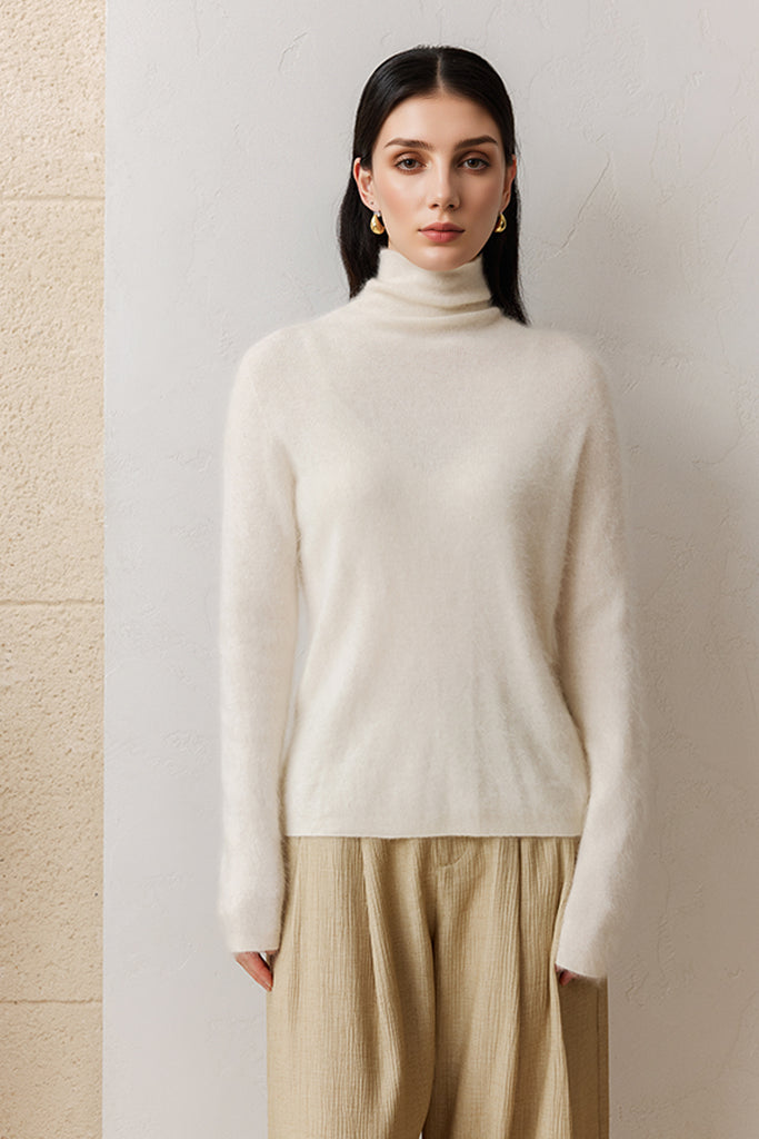 Featherlight Cashmere-Silk Turtleneck Sweater in White  Fibflx