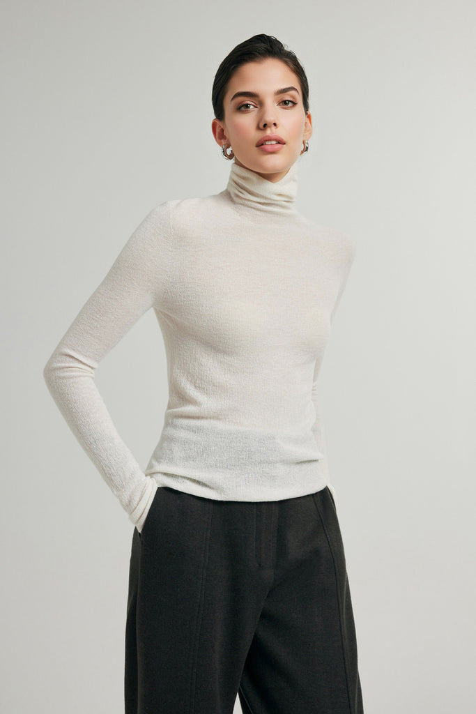 Featherlight Washable Cashmere-Silk Turtleneck Sweater  Fibflx