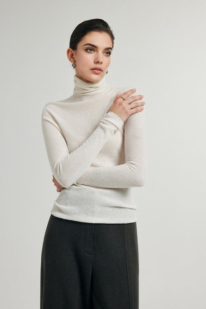 Featherlight Washable Cashmere-Silk Turtleneck Sweater  Fibflx