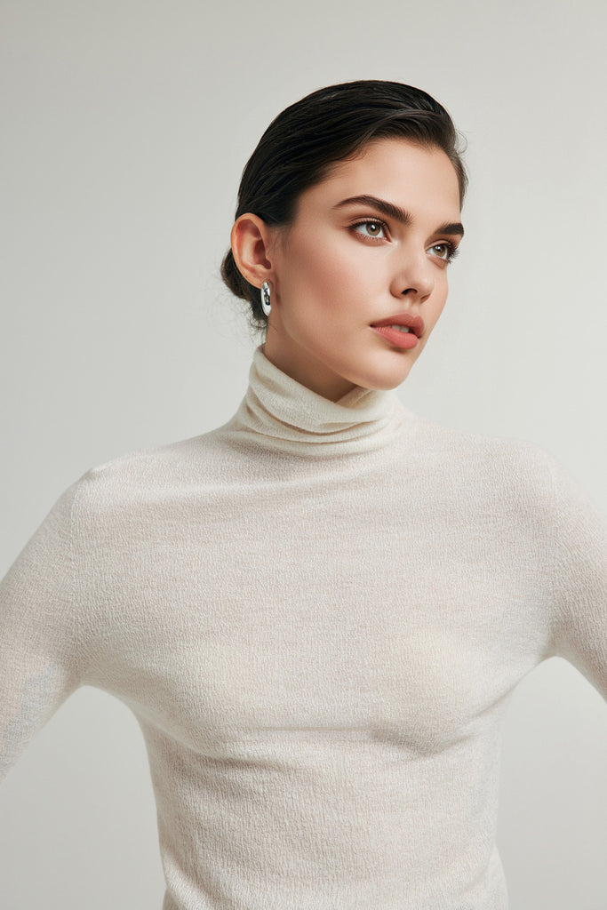Featherlight Washable Cashmere-Silk Turtleneck Sweater  Fibflx