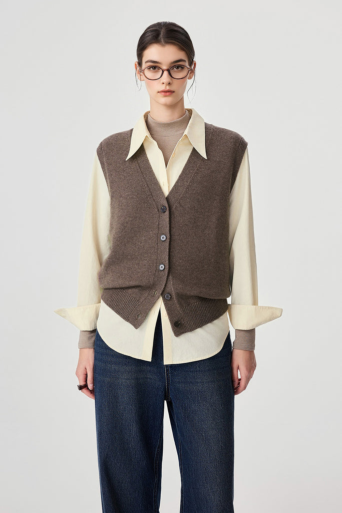 Fine-Knit Wool-Blend V-Neck Sweater Vest Espresso Brown / L Fibflx