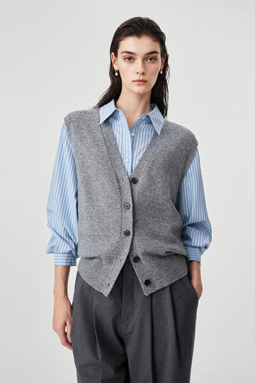 Fine-Knit Wool-Blend V-Neck Sweater Vest - Fibflx