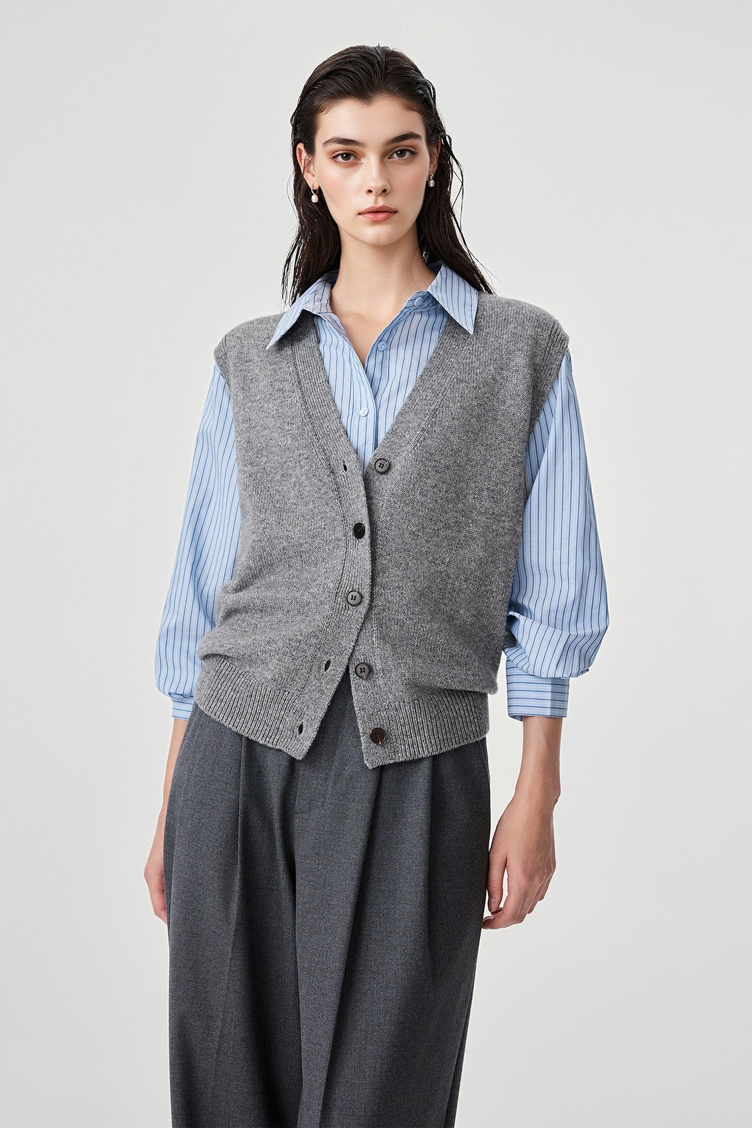 Fine-Knit V Neck Sweater Vest | Button Down Knit Vest in Grey