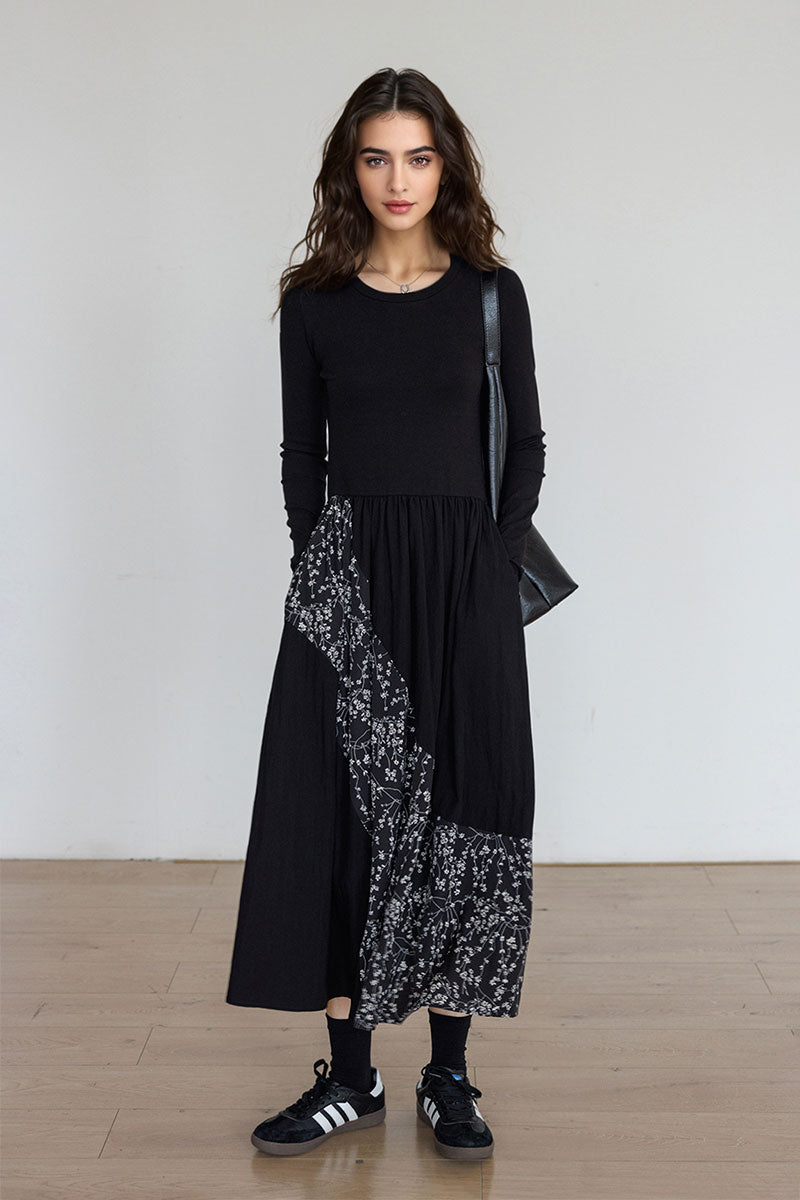 Fit & Flare Long-Sleeve Midi Dress with Flower Patchwork XS / Black / Upper body material: 46.5% Rayon 46.5% Cotton 7% Spandex Lower body material: 71