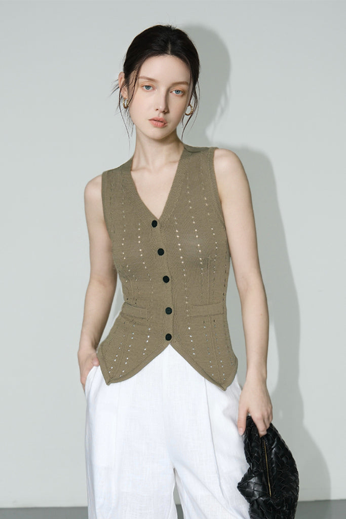 Fibflx Women's Fitted Crochet Knit V-Neck Sweater Vest