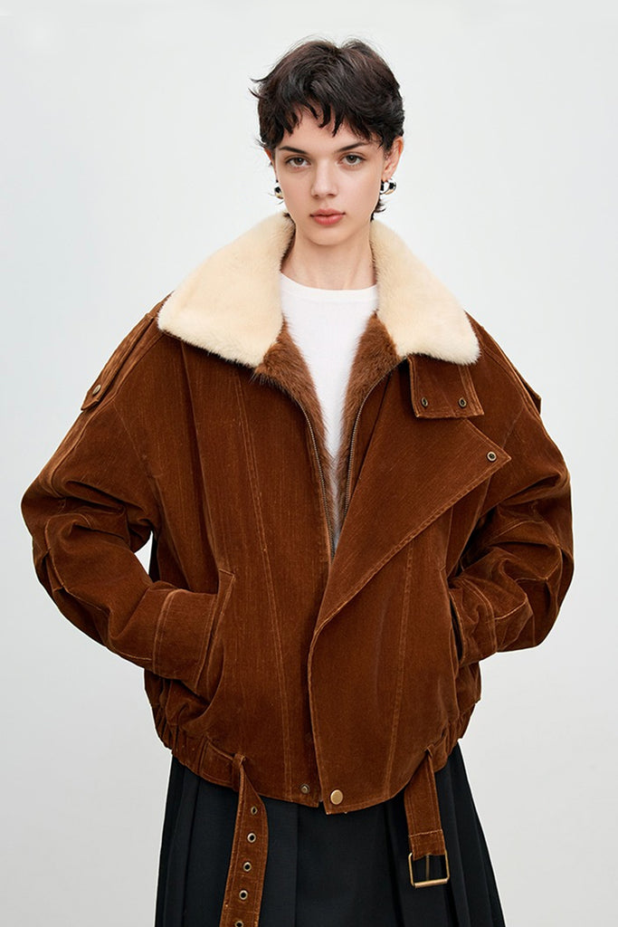 Flocked Denim Mink Fur Lined Aviator Jacket Chocolate Brown / M Fibflx