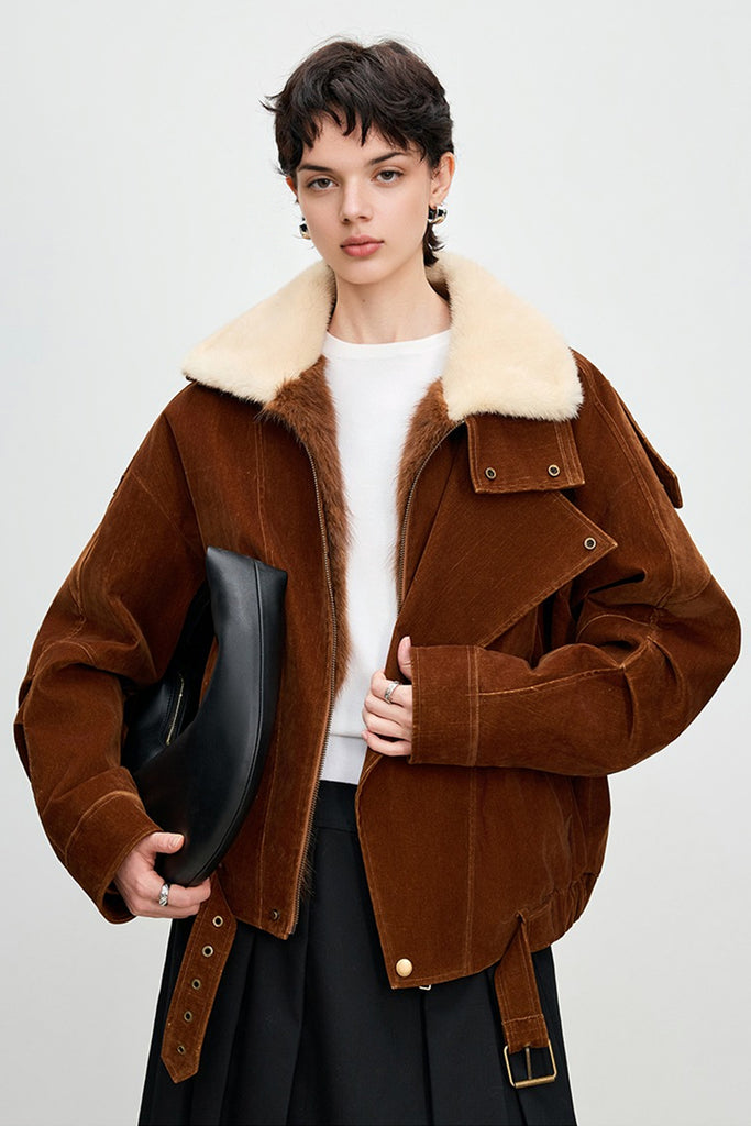 Flocked Denim Mink Fur Lined Aviator Jacket  Fibflx