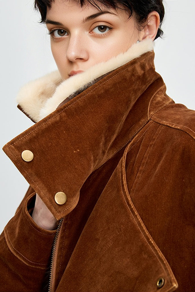 Flocked Denim Mink Fur Lined Aviator Jacket  Fibflx