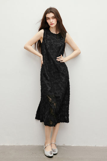 Black Floral Applique Sleeveless Dress - Fibflx