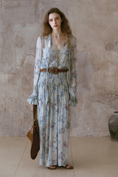 Floral Print Flowy Boho Maxi Dress with Belt Serenity Blue / M