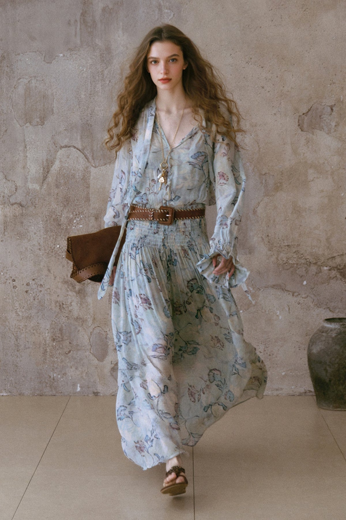 Floral Print Flowy Boho Maxi Dress with Belt
