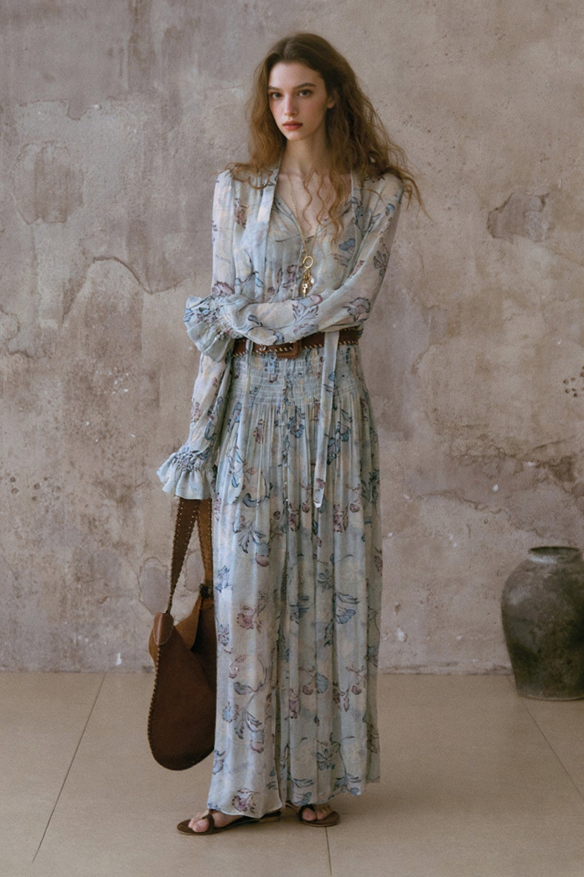 Floral Print Flowy Boho Maxi Dress with Belt Serenity Blue / M