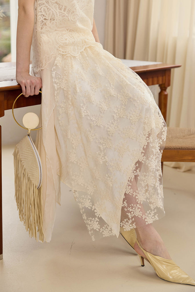 Flowy Asymmetric Lace Midi Skirt  Fibflx