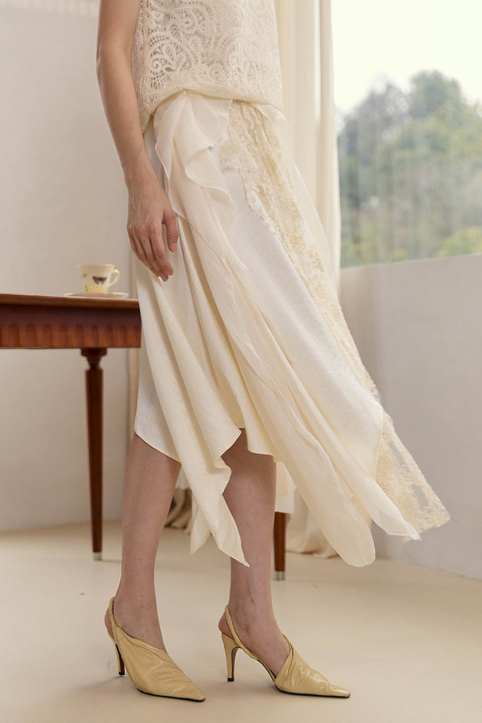 Flowy Asymmetric Lace Midi Skirt  Fibflx