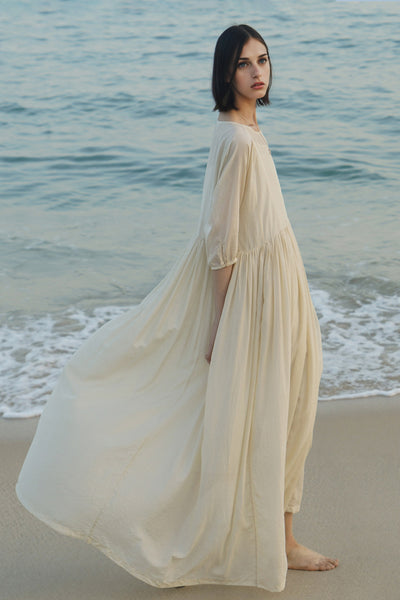 Flowy Cotton-Silk Empire Waist A-Line Maxi Dress Chantilly White / S