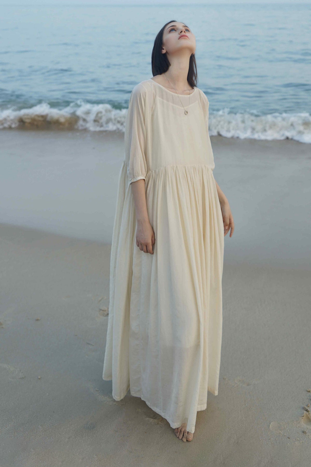 Flowy Cotton-Silk Empire Waist A-Line Maxi Dress Chantilly White / S