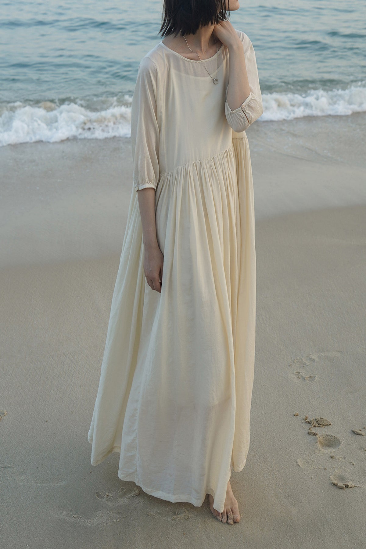 Flowy Cotton-Silk Empire Waist A-Line Maxi Dress Chantilly White / S