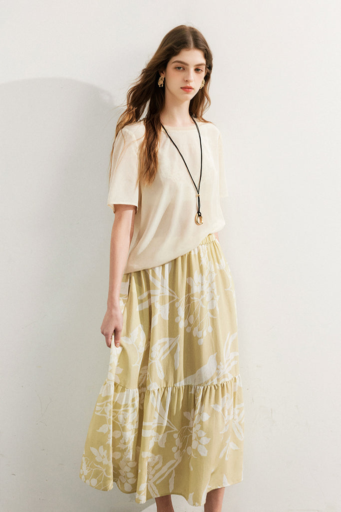 Flowy Linen-Blend Floral A-Line Maxi Skirt  Fibflx