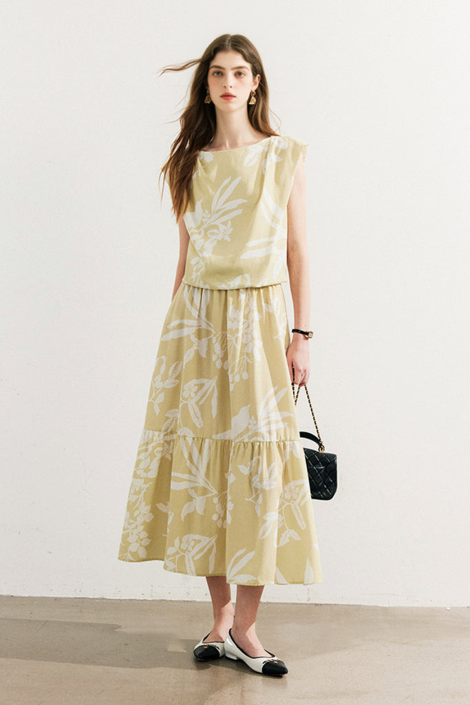 Flowy Linen-Blend Floral A-Line Maxi Skirt  Fibflx