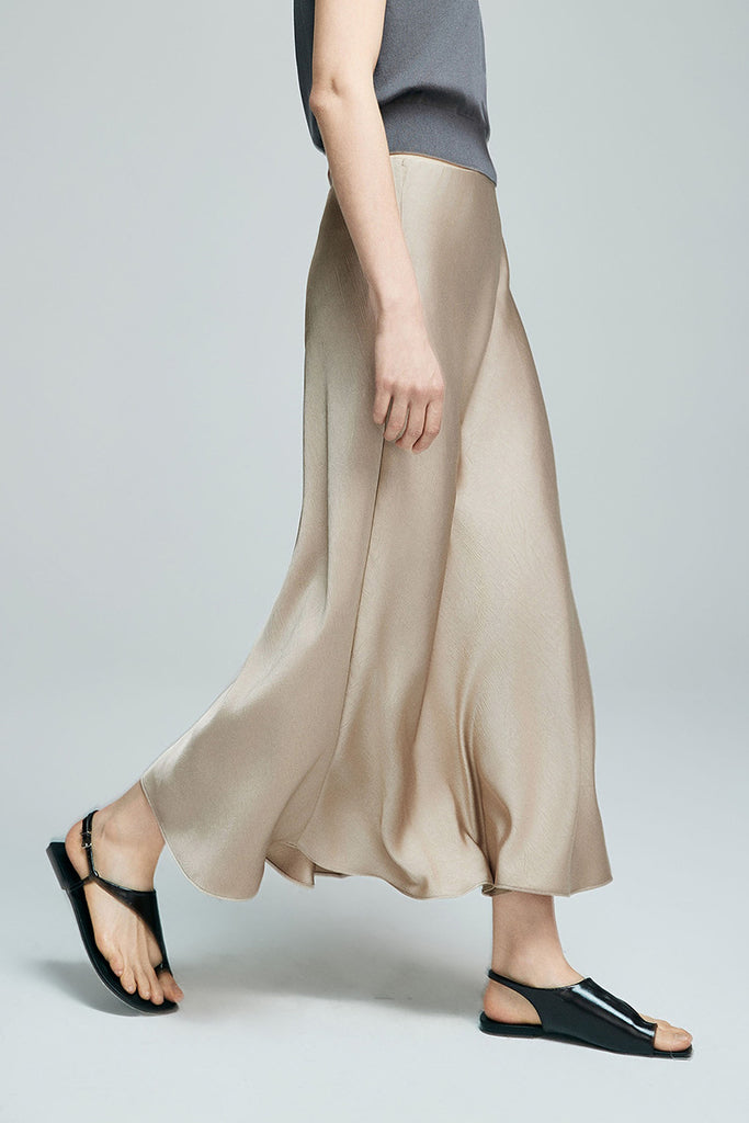 Flowy Satin Slip Mermaid Midi Skirt in Oak Beige  Fibflx