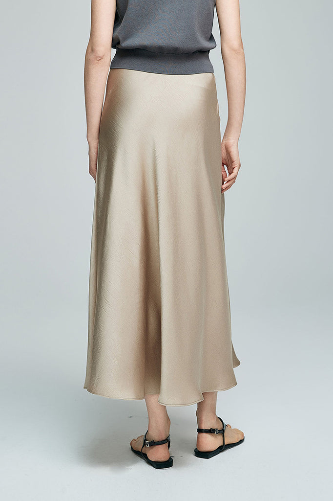 Flowy Satin Slip Mermaid Midi Skirt in Oak Beige  Fibflx