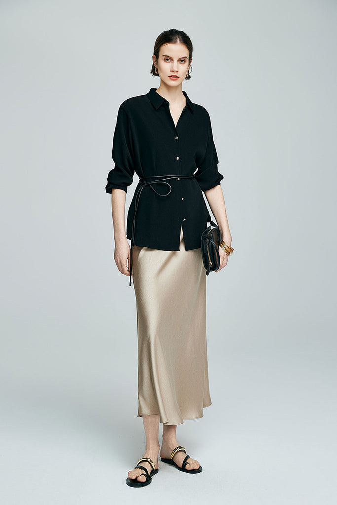 Flowy Satin Slip Mermaid Midi Skirt in Oak Beige  Fibflx