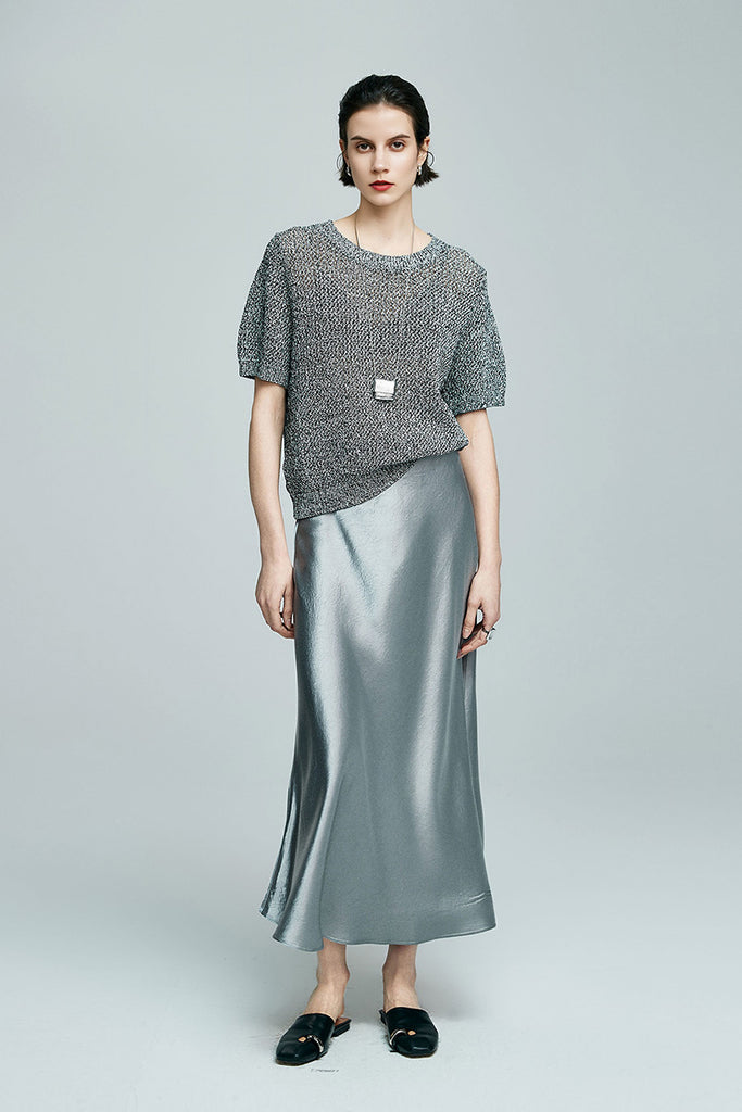 Fibflx Women's Flowy Satin Slip Mermaid Midi Skirt in Slate Gray