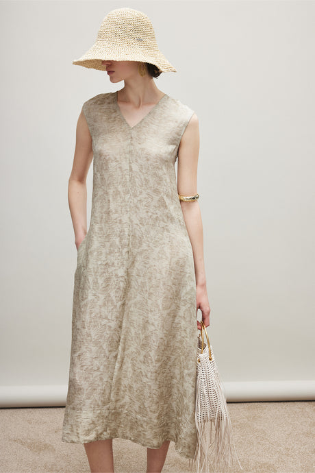 flowy linen dress Silk Sleeveless A-Line Midi Oatmeal Beige / XS simple elegant linen dress