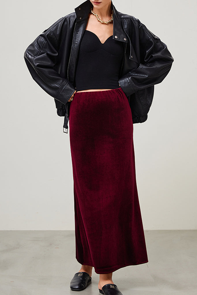 Flowy Velvet Bias-Cut Maxi Skirt  Fibflx