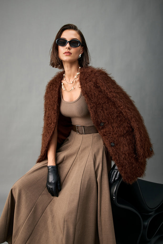 Fluffy Curly Mohair Fur V-Neck Jacket in Brown  Fibflx