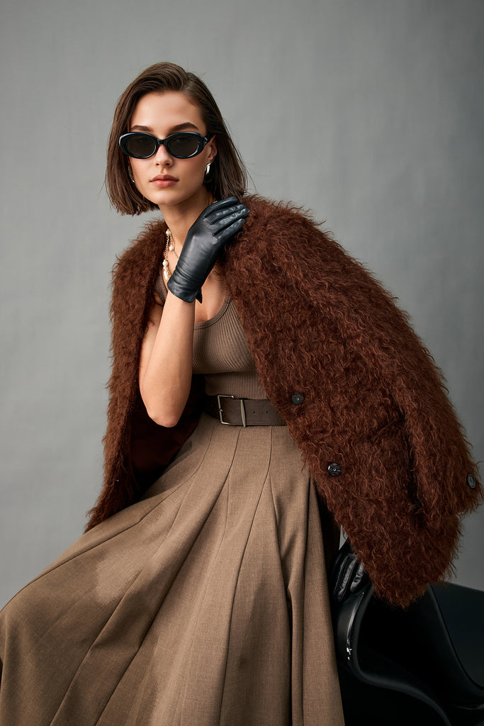 Fluffy Curly Mohair Fur V-Neck Jacket in Brown  Fibflx