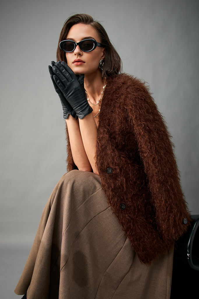 Fluffy Curly Mohair Fur V-Neck Jacket in Brown  Fibflx