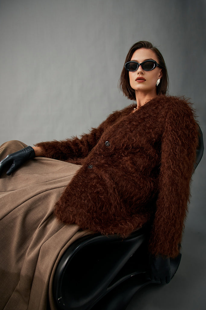 Fluffy Curly Mohair Fur V-Neck Jacket in Brown  Fibflx