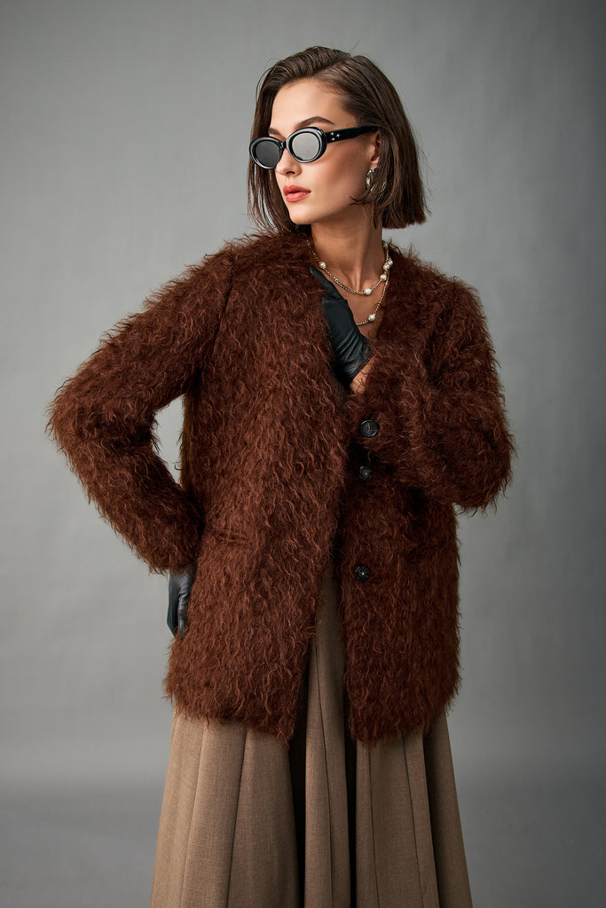 Fluffy Curly Mohair Fur V-Neck Jacket in Brown  Fibflx