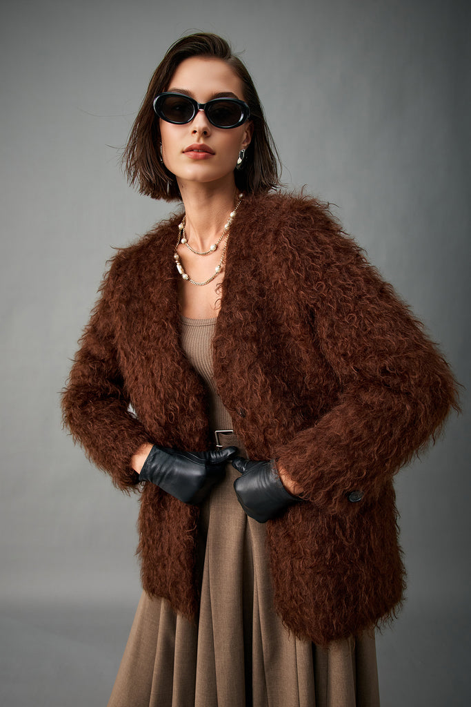Fluffy Curly Mohair Fur V-Neck Jacket in Brown  Fibflx