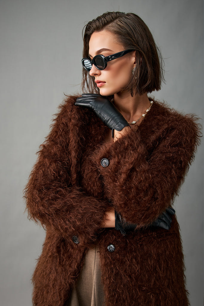 Fluffy Curly Mohair Fur V-Neck Jacket in Brown  Fibflx