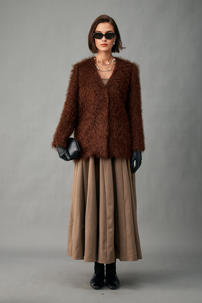 Fluffy Curly Mohair Fur V-Neck Jacket in Brown  Fibflx