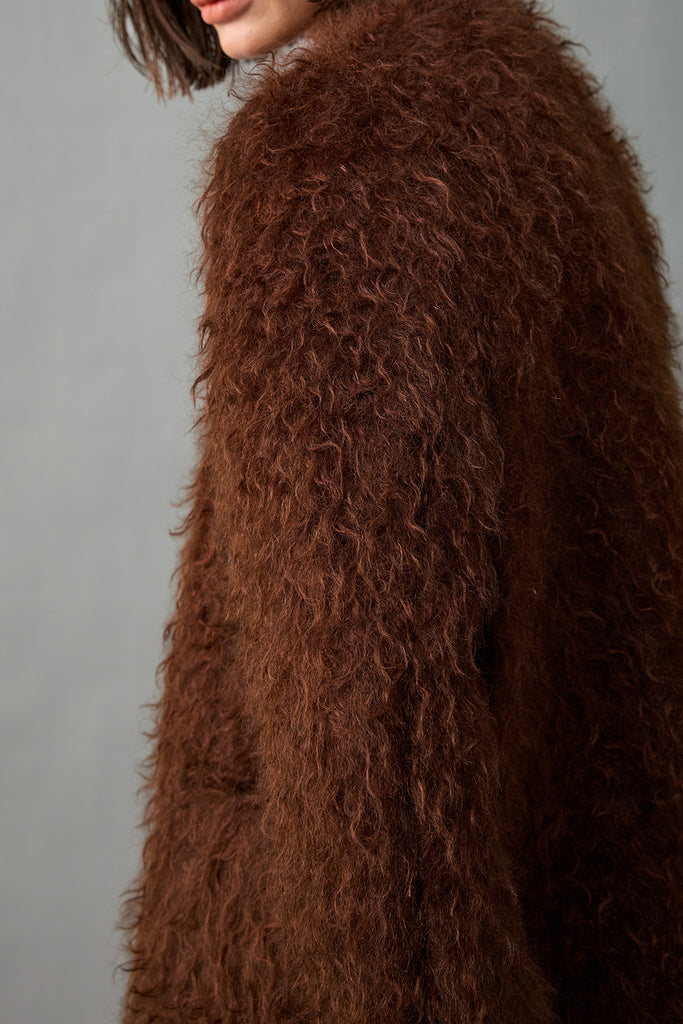 Fluffy Curly Mohair Fur V-Neck Jacket in Brown  Fibflx