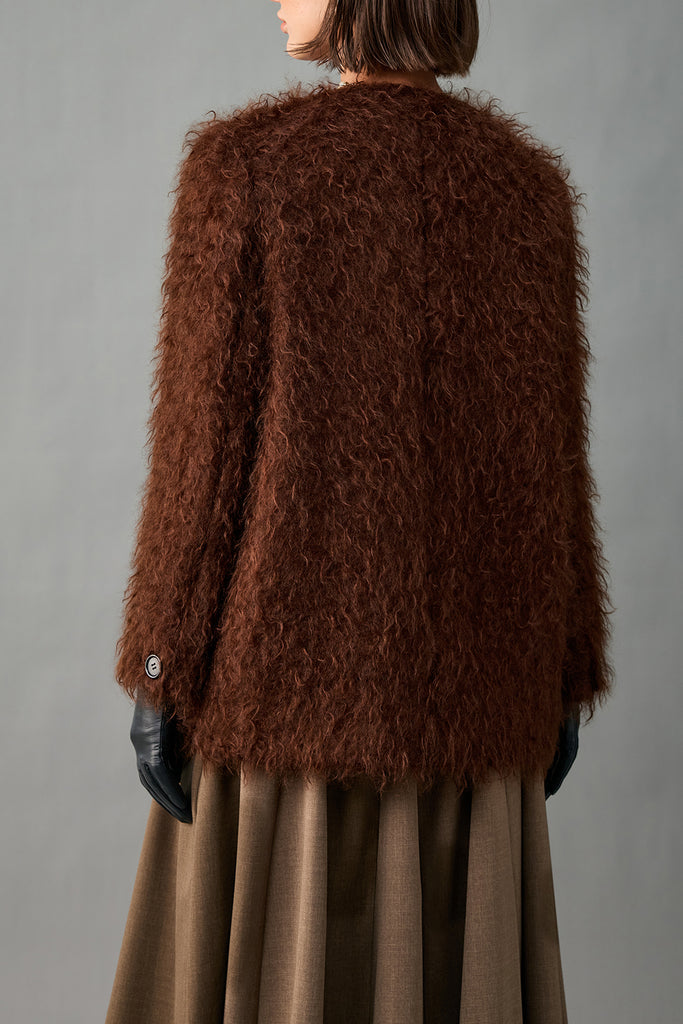 Fluffy Curly Mohair Fur V-Neck Jacket in Brown  Fibflx