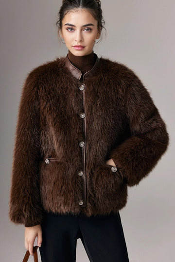 Fibflx Women's Fluffy Faux Fox Fur Stand Collar Jacket