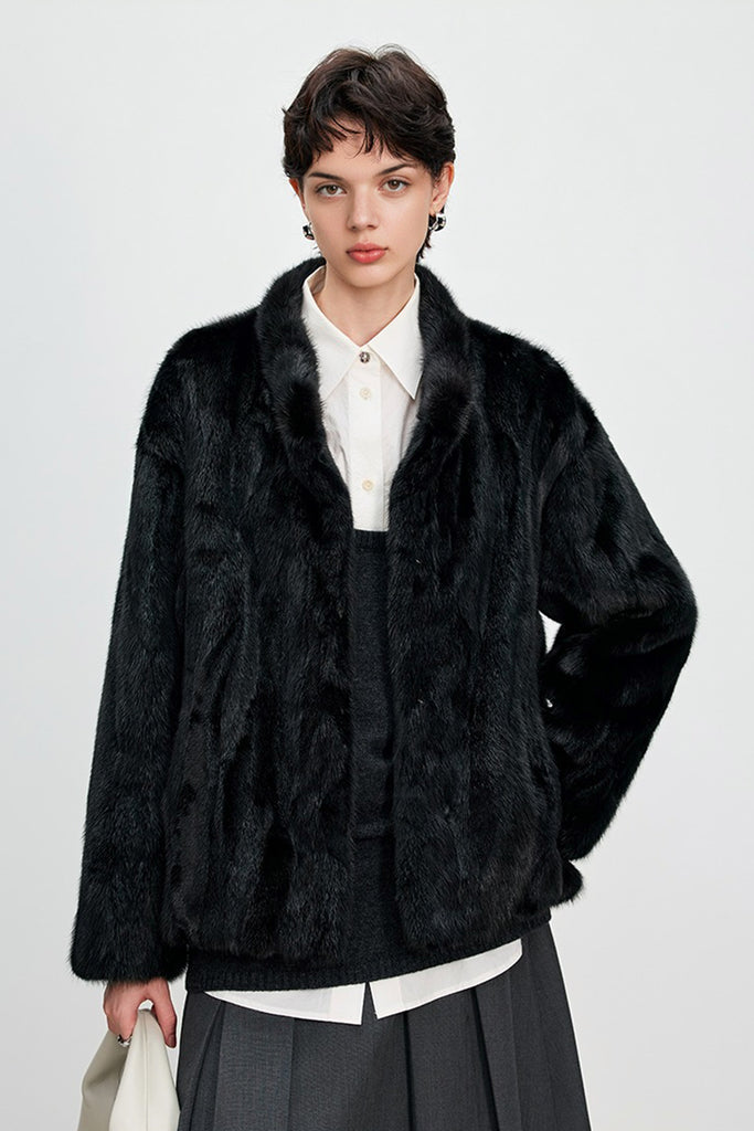 Fluffy Mink Fur Stand-Collar Jacket in Black Black / L Fibflx
